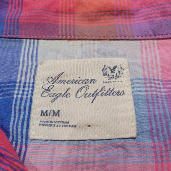 American Eagle Multicolor Plaid Short Sleeve Button Down Blouse Size Medium - Picture 14 of 15